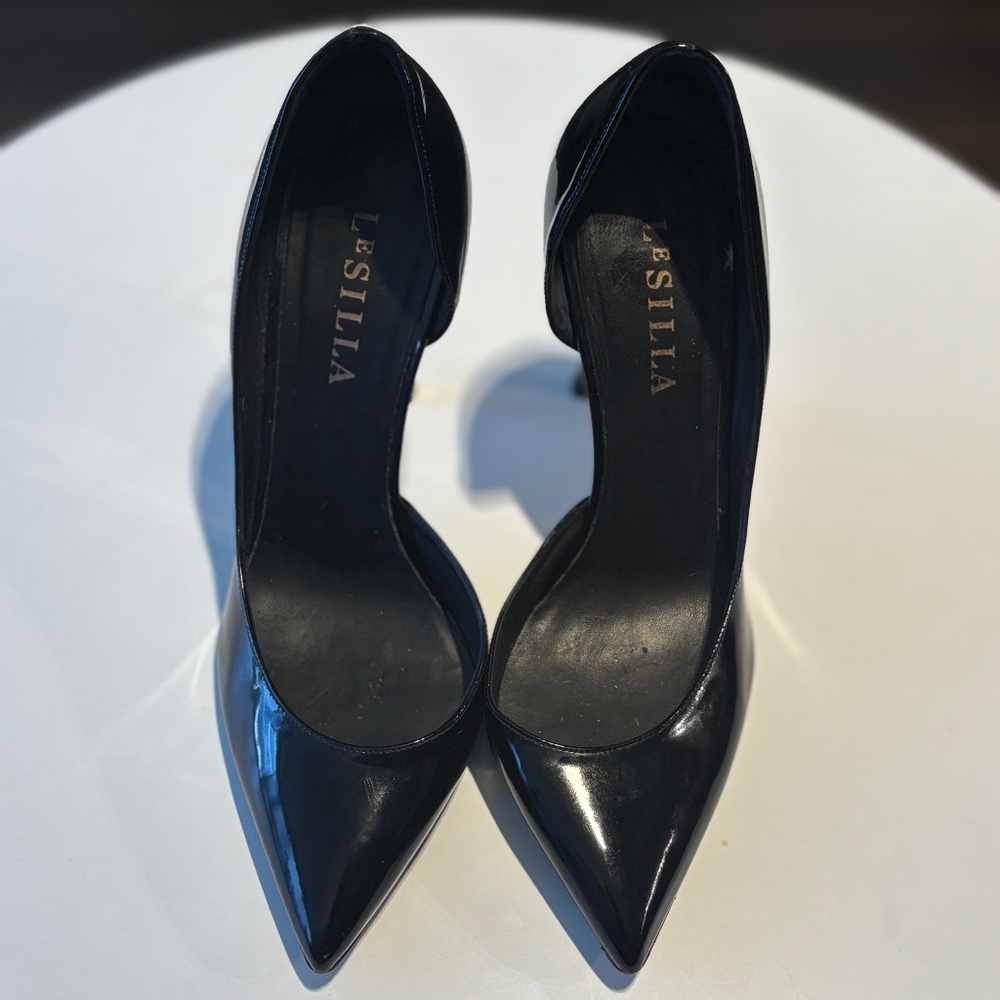 Black patent designer pumps 38